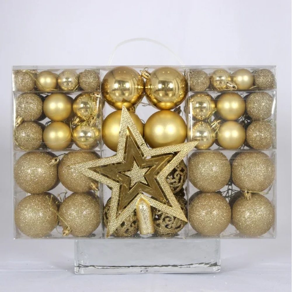 Gold Holiday Ornament Set with Star Topper